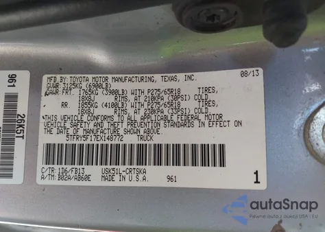 2014 Toyota Tundra Sr5 5.7L V8 z USA, uszkodzony, nr VIN 5TFRY5F17EX148772